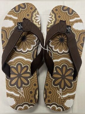 Lia Groovy Flower Women's Flip Flops Brown Hippie Sandals Sizes 6 7 8 9 10 11